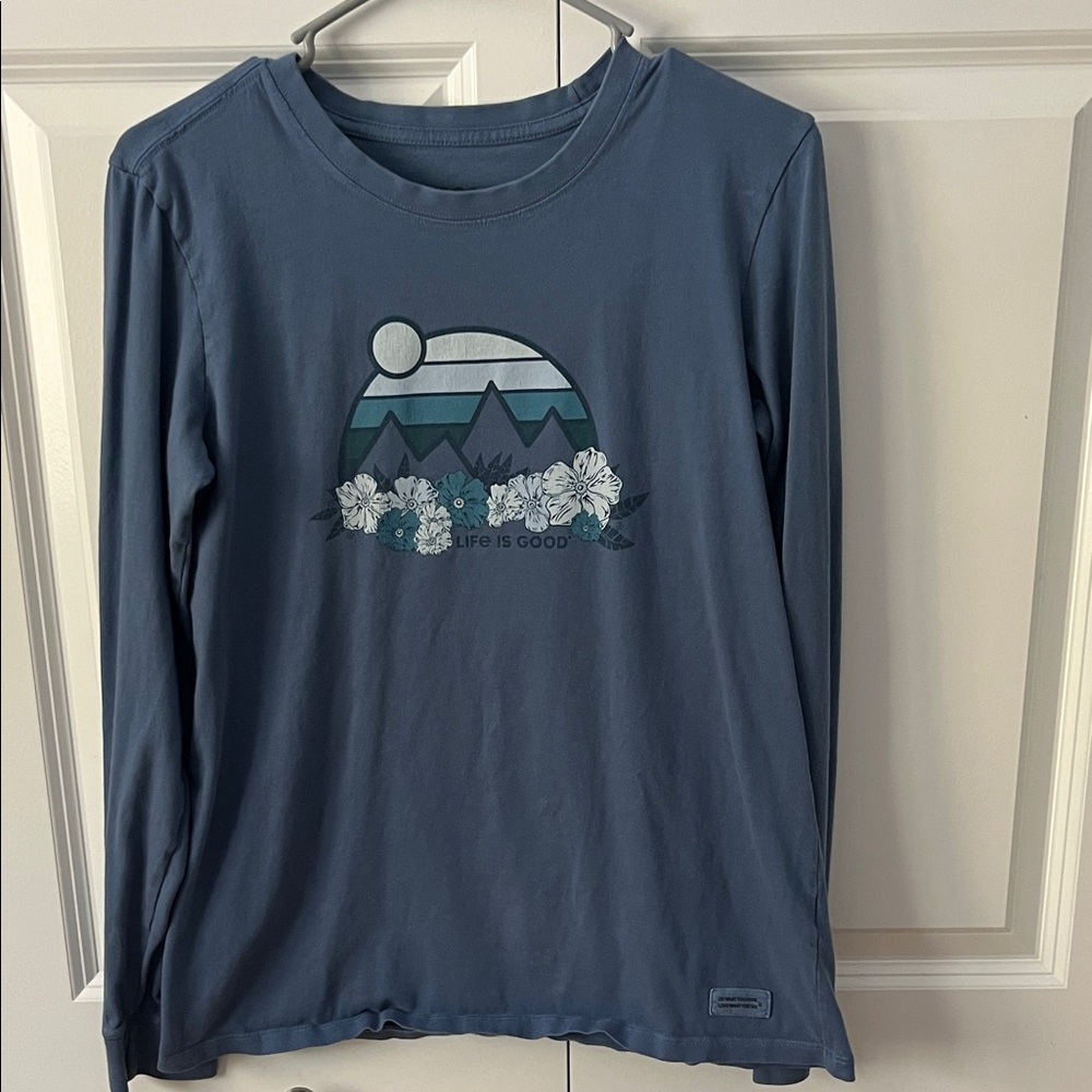 Life Is Good Slate Blue Long-Sleeve Tee with Mountain & Floral Graphic